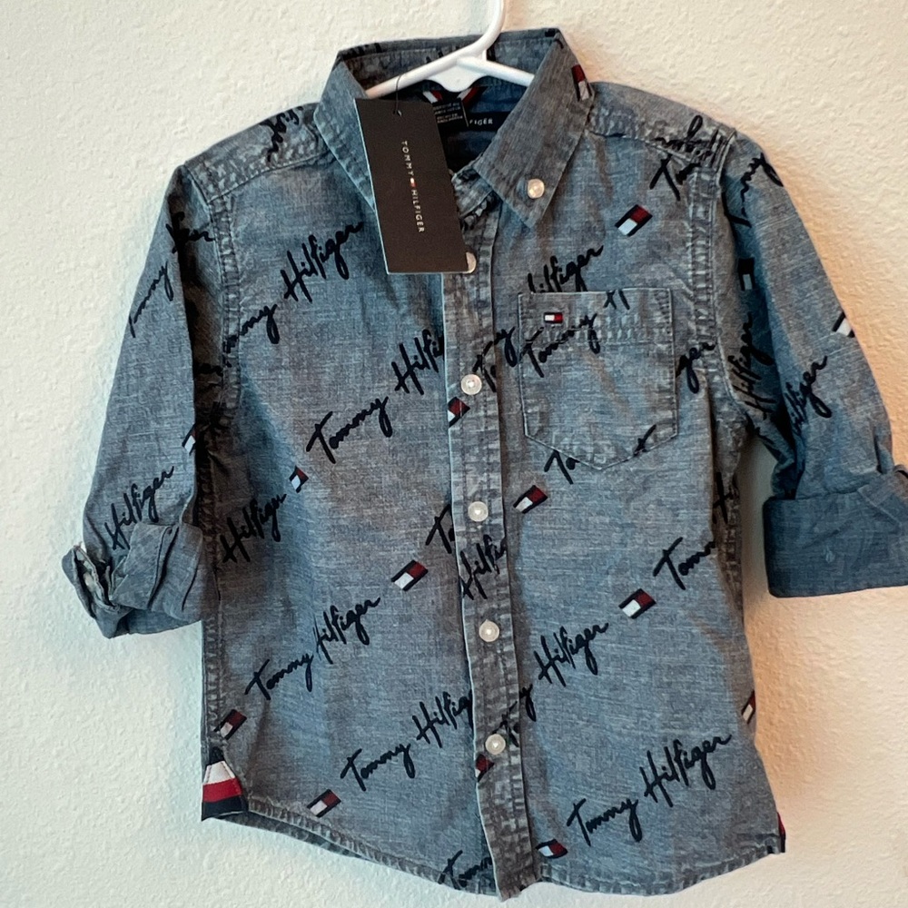 Tommy Hilfiger Blue Script Logo Button-Up Shirt